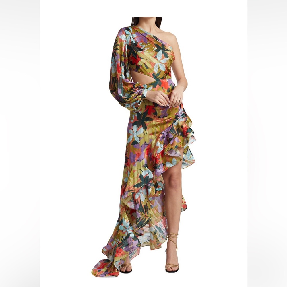 Bronx And Banco
Tropics Violet One-Sleeve Ruffle Maxi Dress